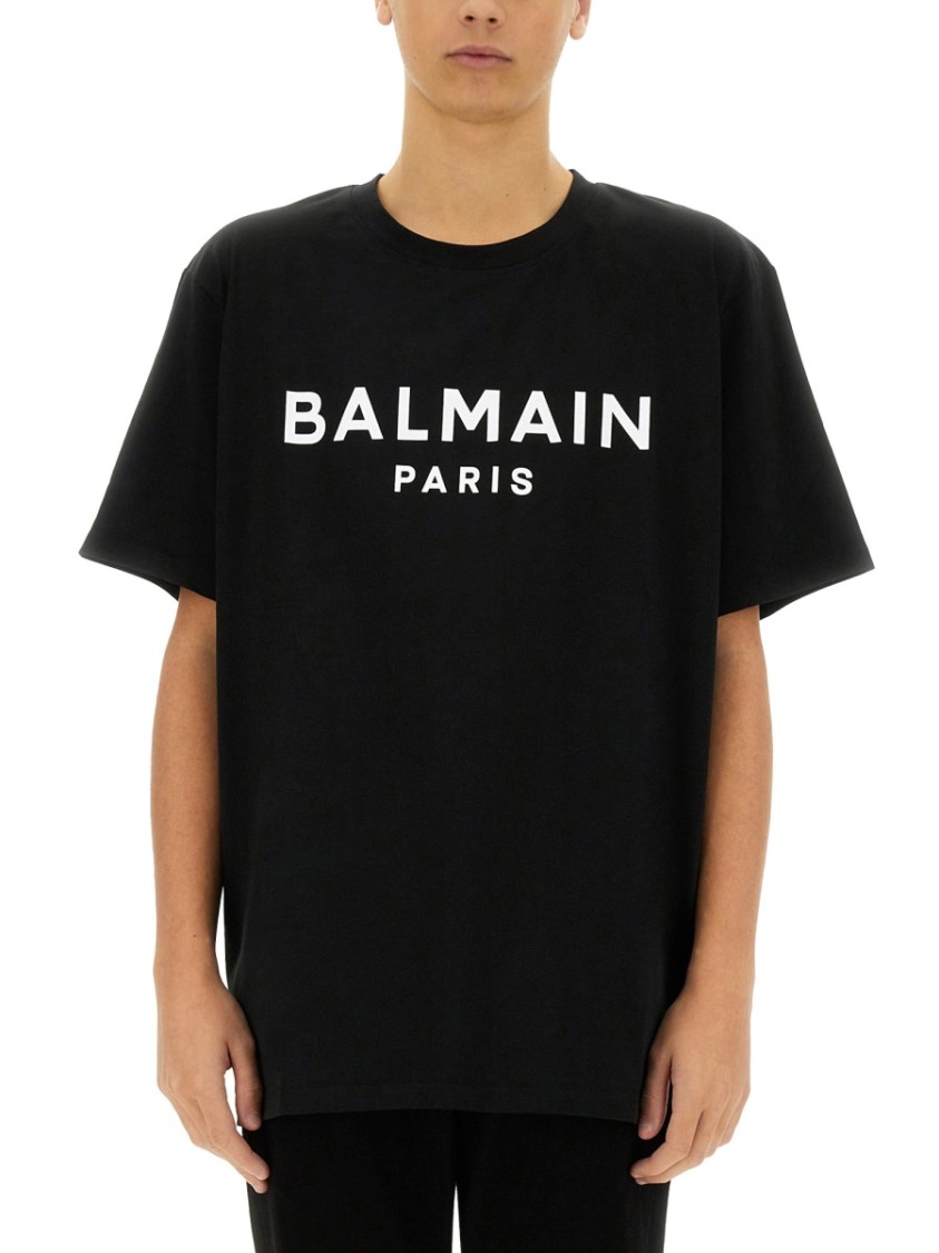 Balmain Black Crewneck T-shirt With Logo Lettering On The Front In Cotton Man