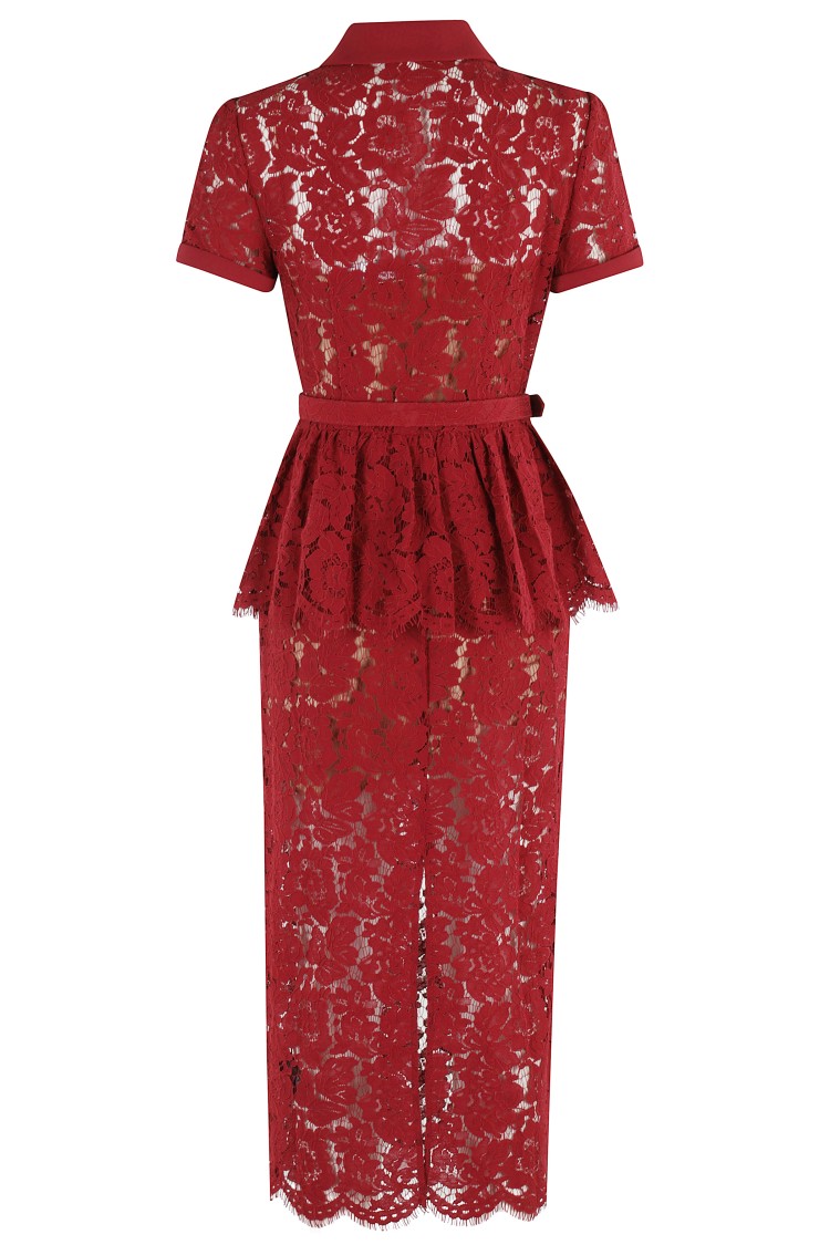 Self-portrait Bordeaux Lace Peplum Midi Dress In Burgundy