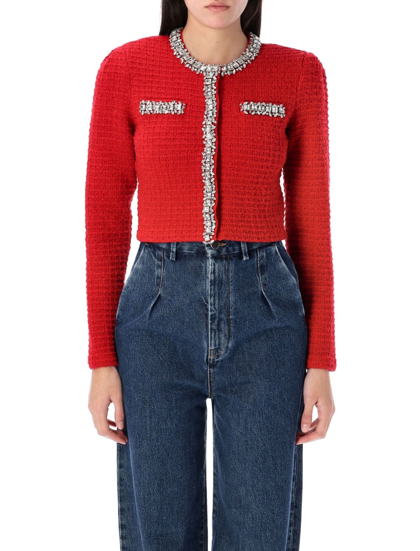 Shop Self-portrait Textured Knit Cardigan In Red