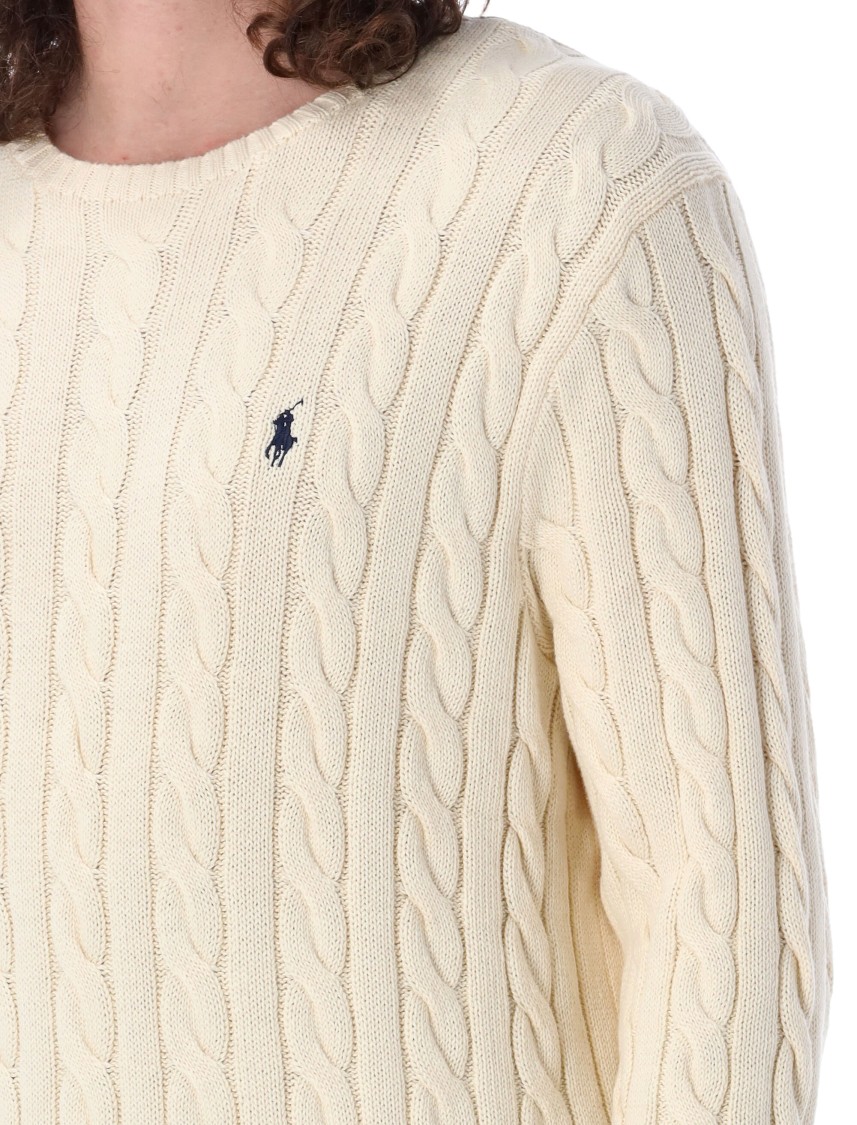 Shop Polo Ralph Lauren Textured Cable Knit Sweater With Ribbed Neckline In Neutrals