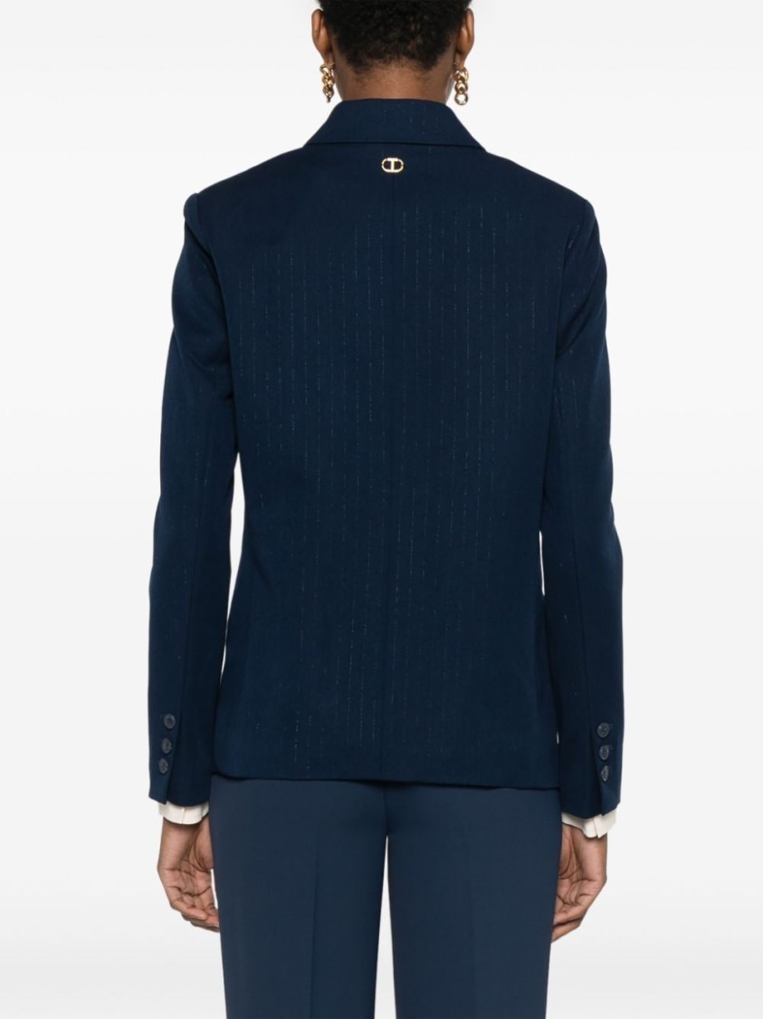 Shop Twinset Twin-set Double-breasted Tailored Jacket With Pinstripe Detail And Silhouette In Blue