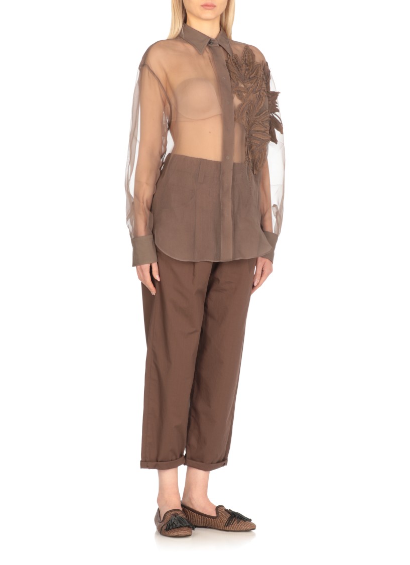 Brunello Cucinelli Brown Shirt With Semi-transparent Design And Embroidery On The Front In Silk Woman In Brown