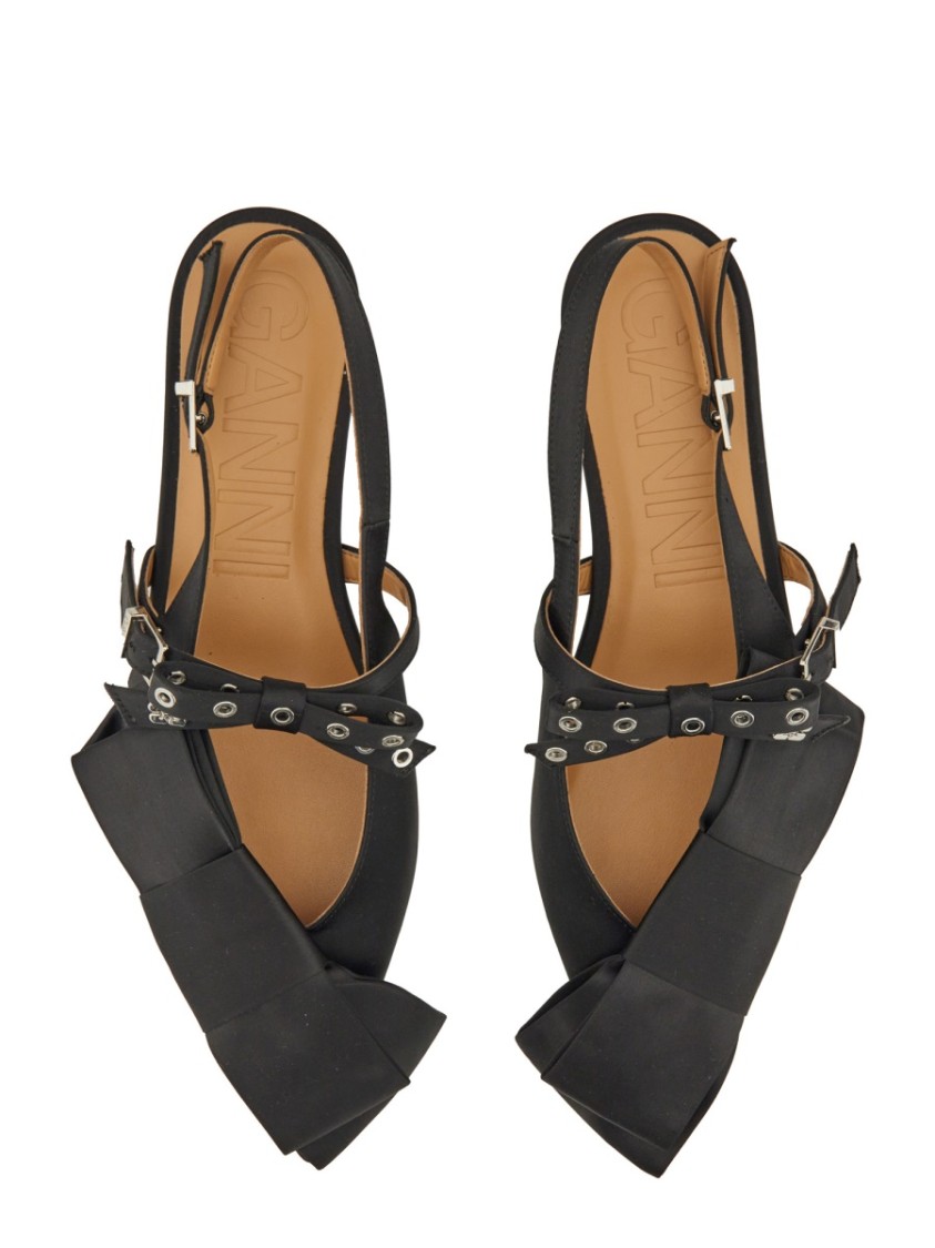 Ganni Big Bow Slingback Pointed-toe Flats In Black