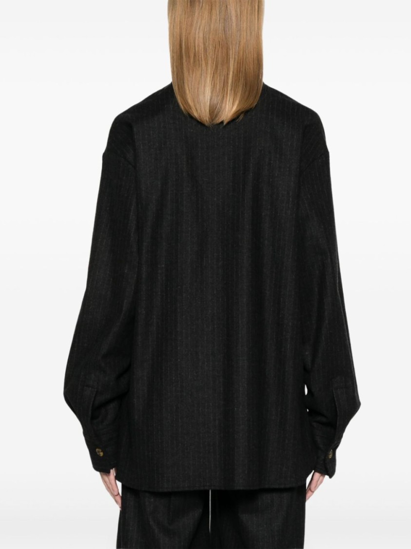 Le Sully Studio Pinstriped Wool Blend Shirt With Patch Pockets In Black