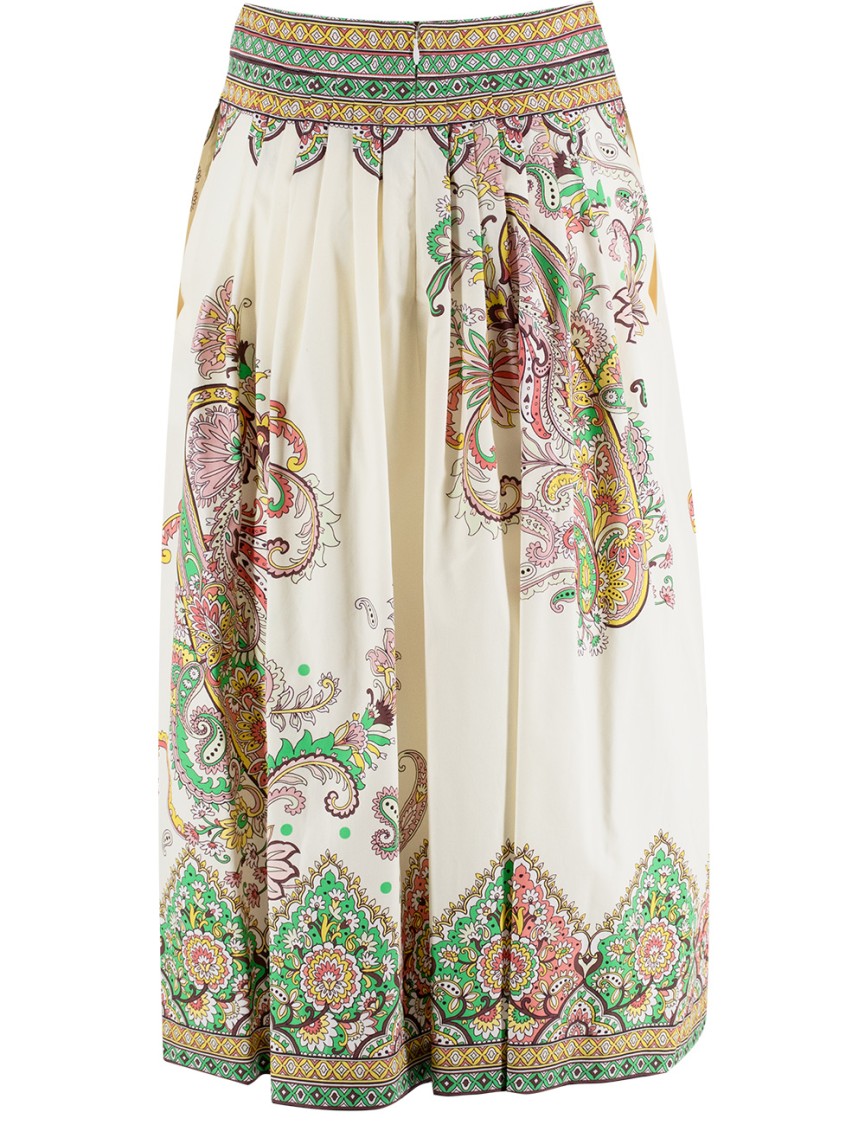 Etro Womens Print On White Base Floral-print High-rise Cotton Midi Skirt