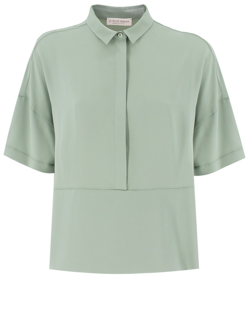 Shop Le Tricot Perugia Sage Short-sleeved Shirt With Front Button Fastening
