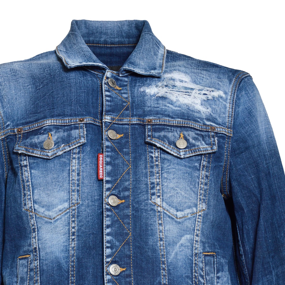 DSQUARED2 DSQUARED2 RIPPED CAST DAN JACKET IN BLUE DENIM WITH WEAR