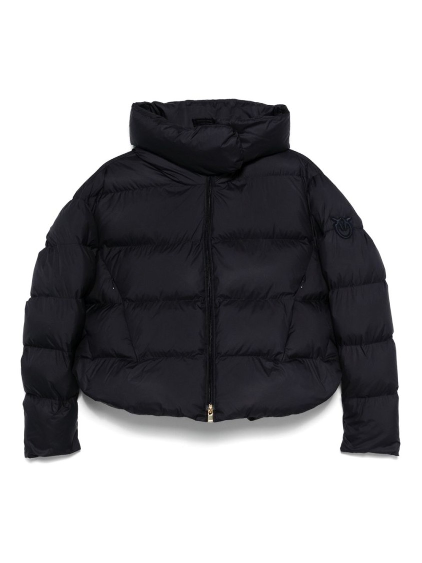 Pinko Cropped Navy Blue Quilted Coat With High Neck And Logo Patch In Blue