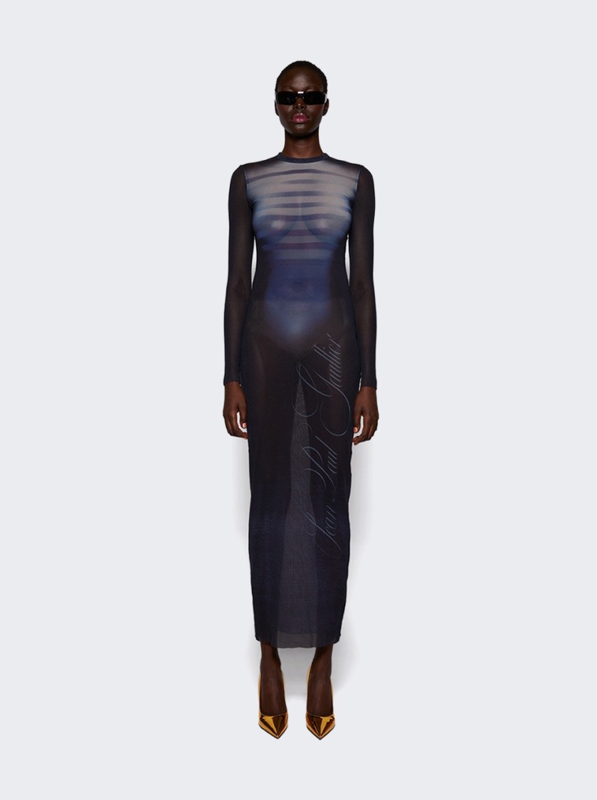 Shop Jean Paul Gaultier Le Male Printed Mesh Crew Neck Long Dress Navy In Blue