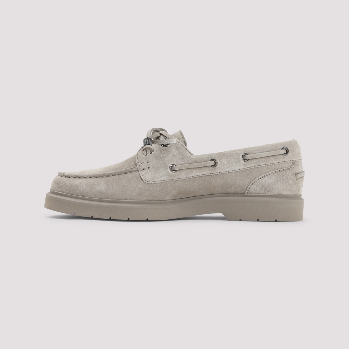 Brunello Cucinelli Taupe Grey Boat Moccasins With Monili Chain In Neutral