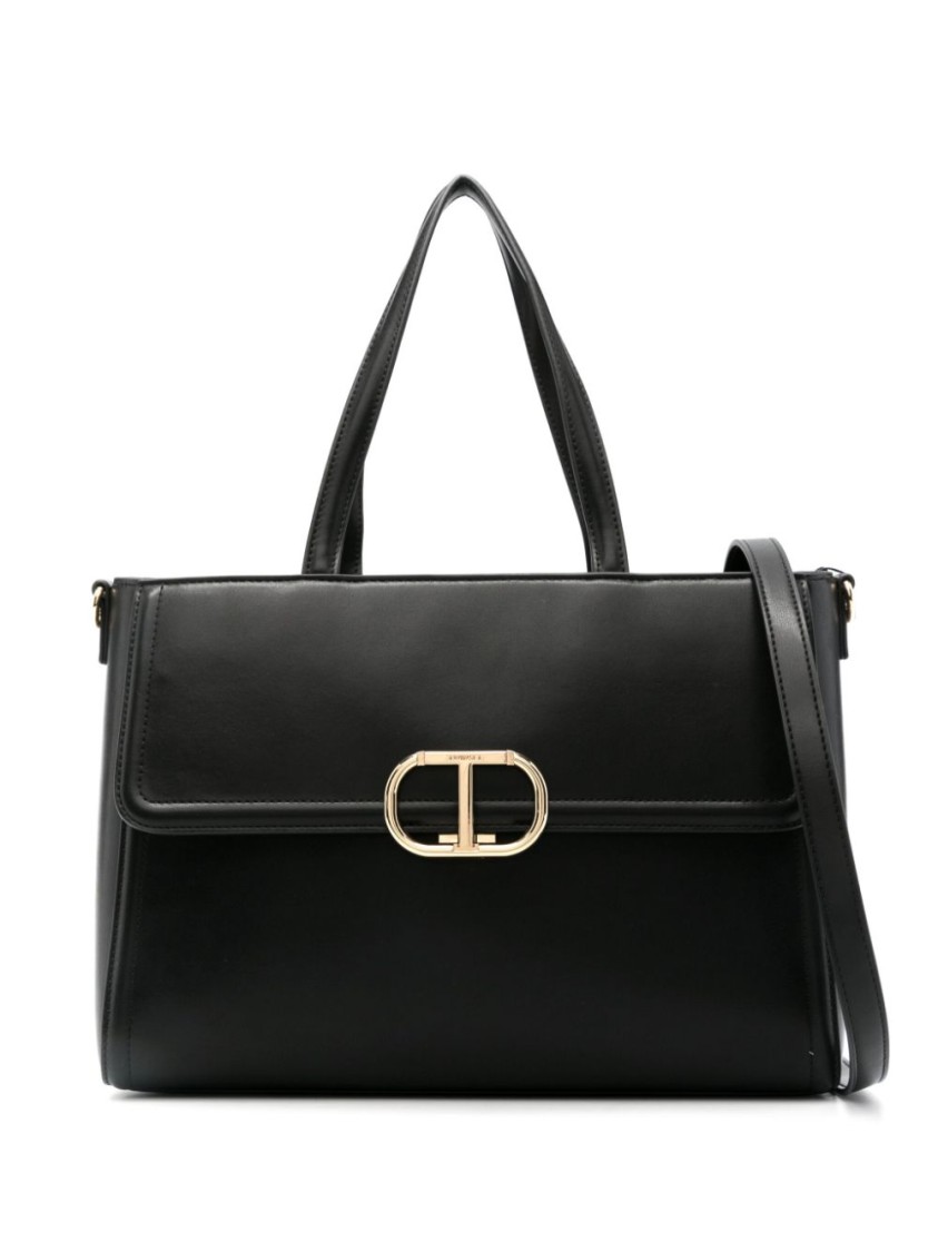 Twinset Twin-set Structured Black Tote Bag With Gold-tone Clasp In Black