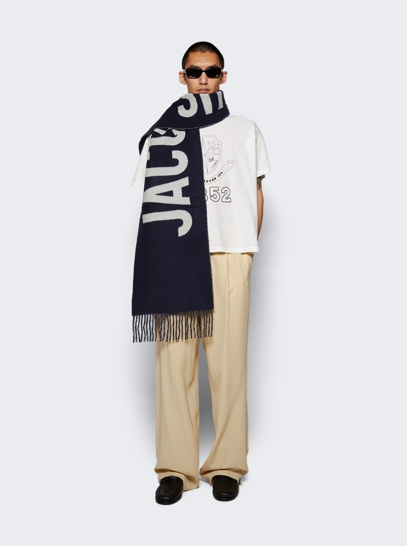Jacquemus Fringe Logo Scarf In Blue