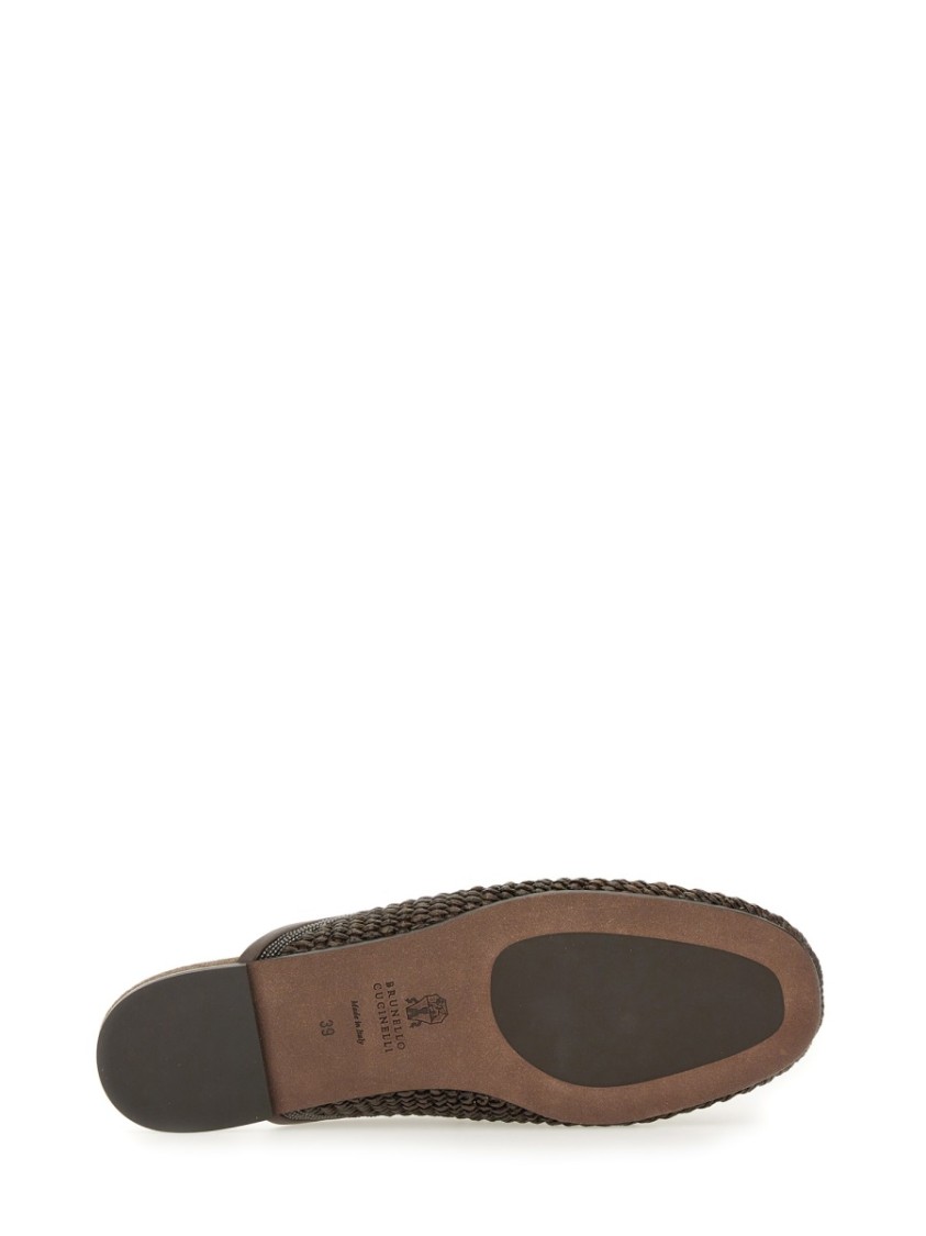 Brunello Cucinelli Monili-embellished Raffia Slippers In Grey