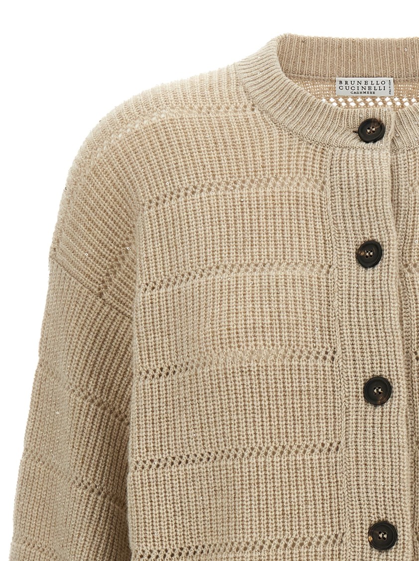 Brunello Cucinelli Beige Rustic Dazzling Net Cardigan In Neutral
