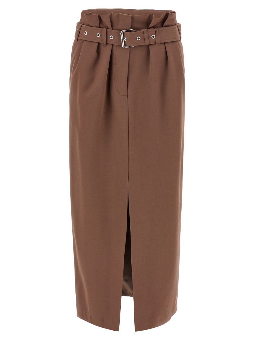 Dries Van Noten Seaches Pleated Wool-gabardine Midi Skirt In Brown