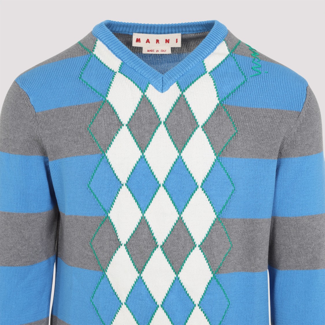 Marni Blue Stripe Sweater With Argyle Motif In Blue