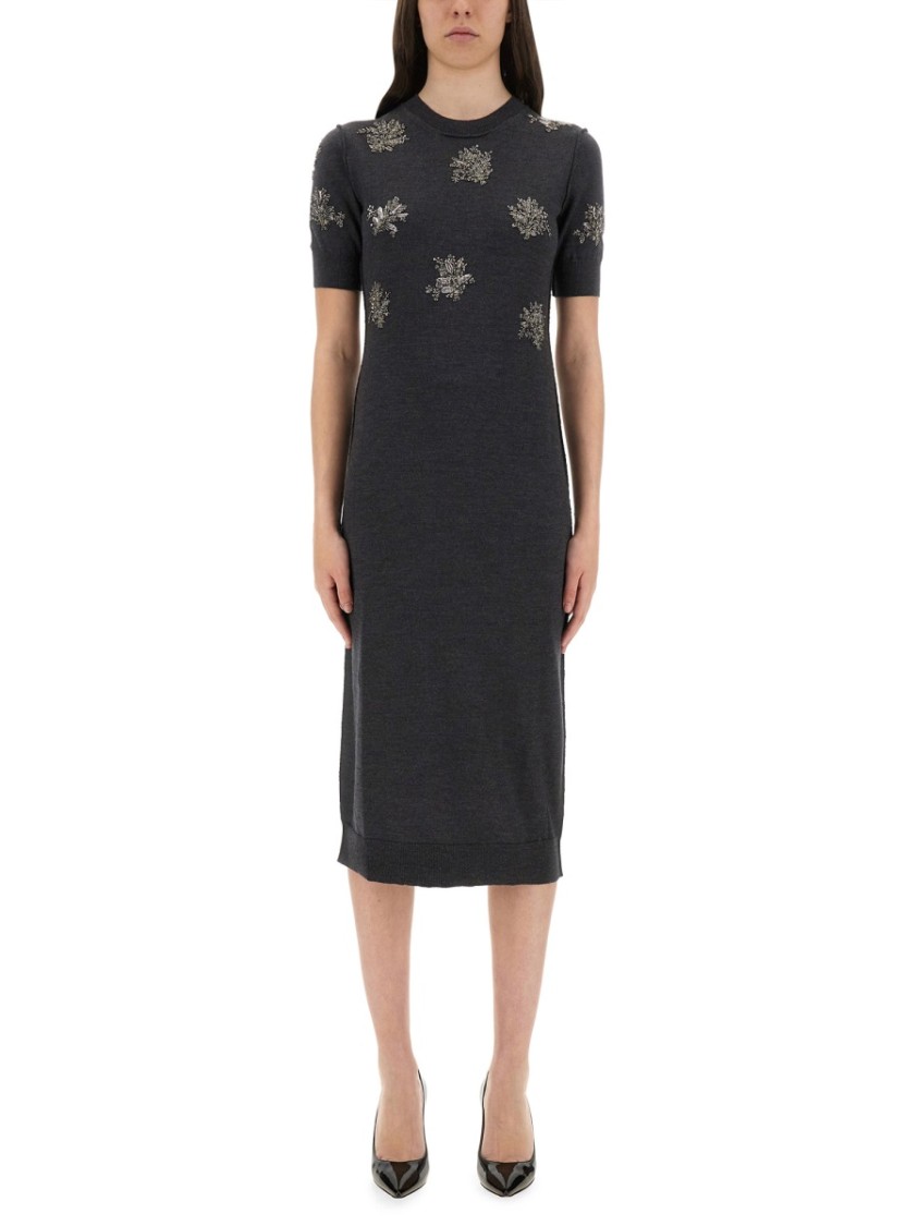 Fendi Wool Dress With Embroidered Ribbed Hem And Short Sleeves