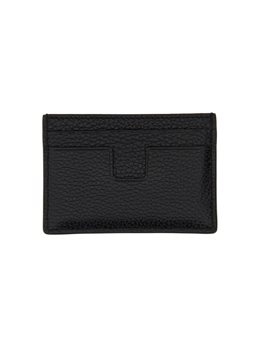 Tom Ford Black T Line Card-holder With Gold-colored Embossed Logo In Grainy Leather Man In Black