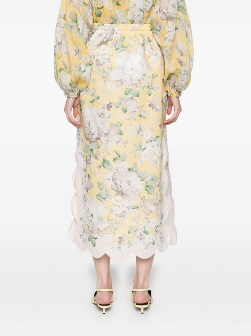 Zimmermann Acacia Scalloped Floral-print Linen Midi Skirt In Neutrals