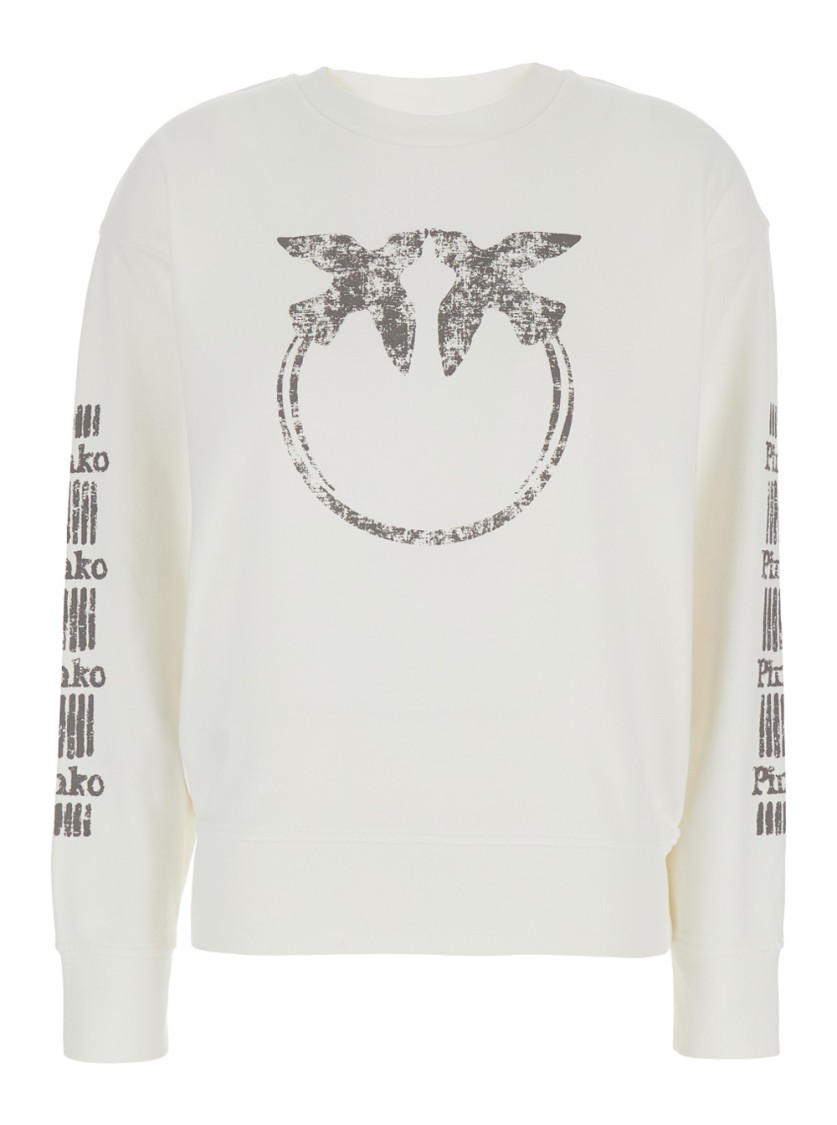 Pinko 'mindelo' White Sweatshirt With Logo Print On The Front And Sleeves In Cotton Woman
