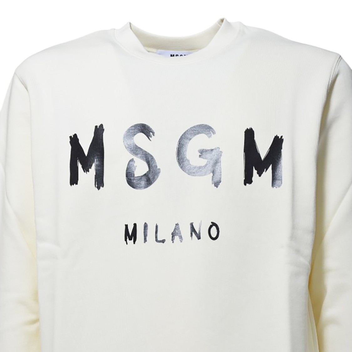 Msgm Cream Cotton Crewneck Sweatshirt With Brush Logo Print In Neutral