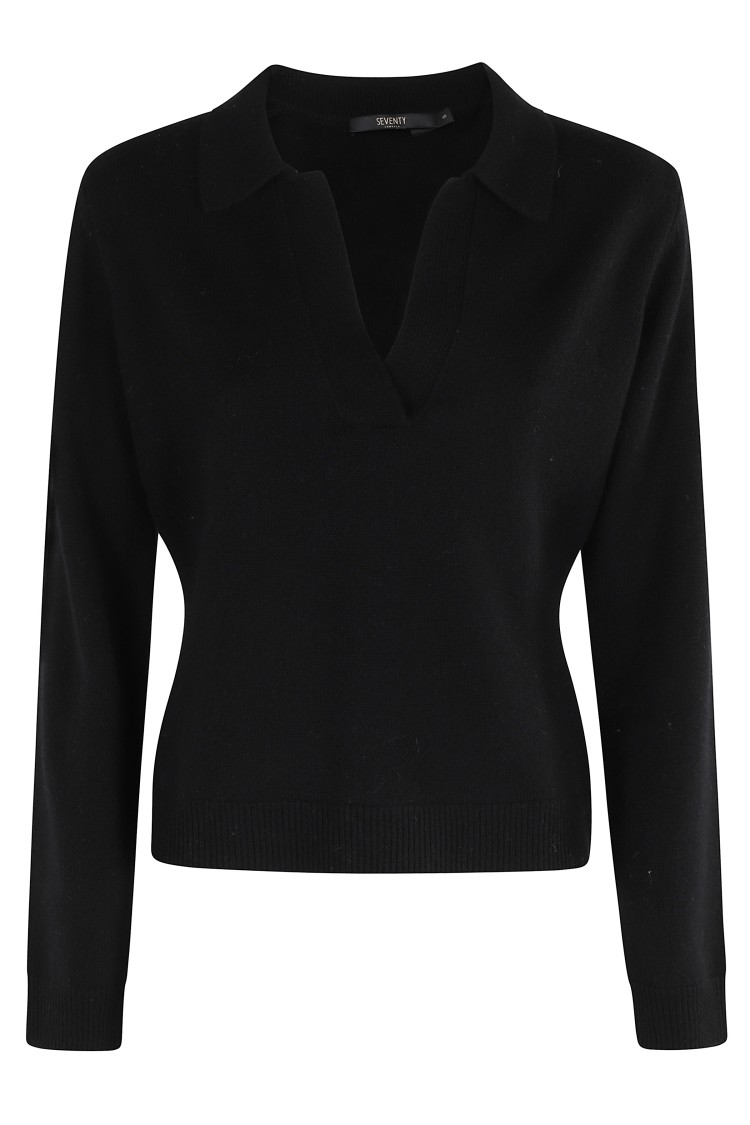 Seventy Long-sleeve V-neck Polo Shirt In Luxurious Wool-cashmere Blend In Black