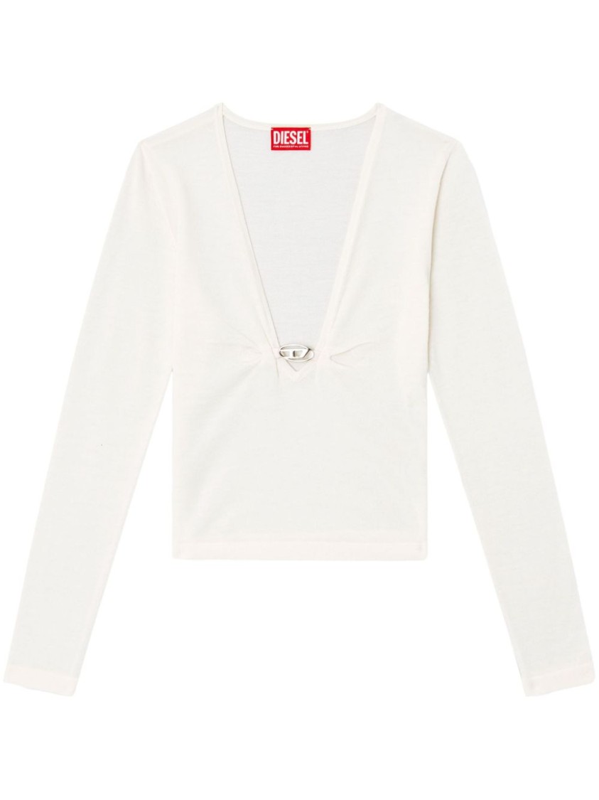 Diesel Long-sleeved Top With Deep V-neckline And Knot Detail In White