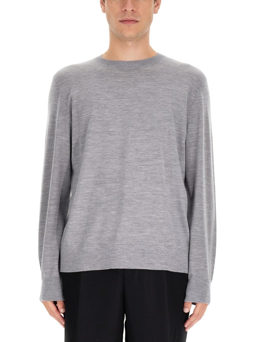 Theory Long-sleeved Grey Wool Top With Classic Crew Neckline In Gray