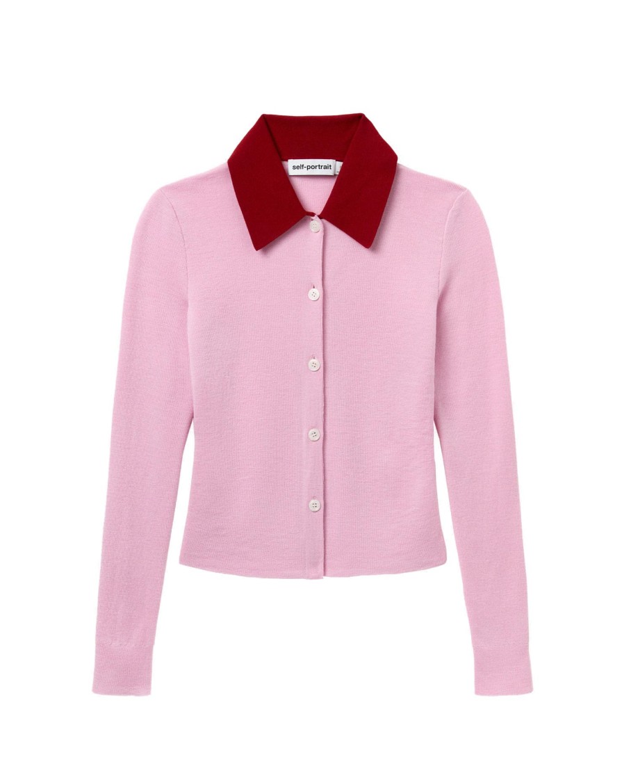 Self-portrait Wool Cardigan With Contrasting Collar In Pink