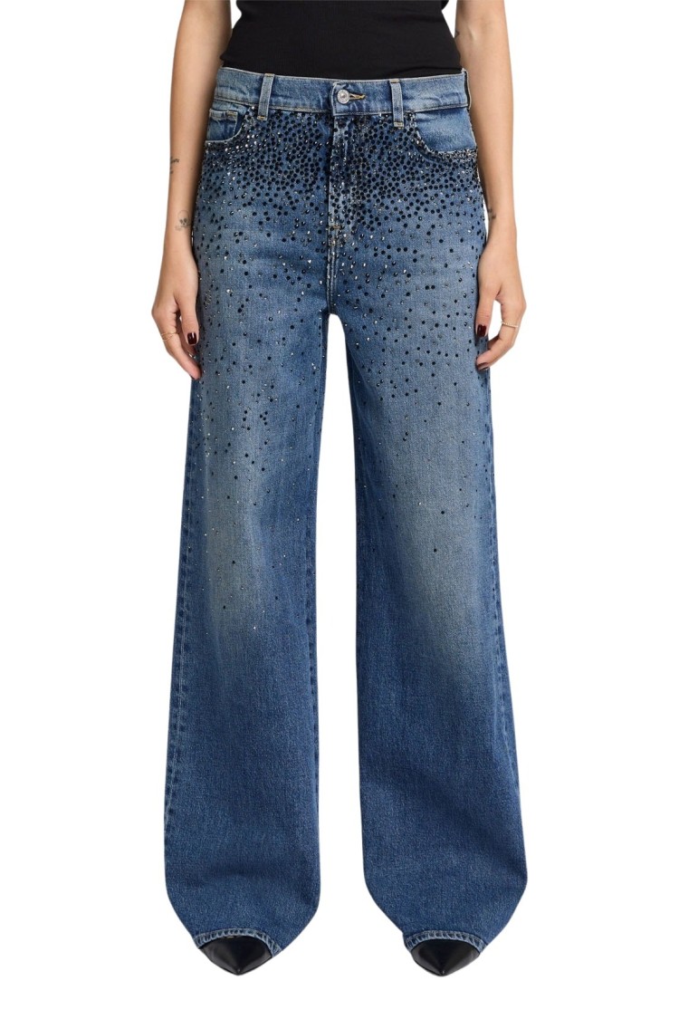 7 For All Mankind Low Slung Wide Leg Candy With Faded Crystals In Blue