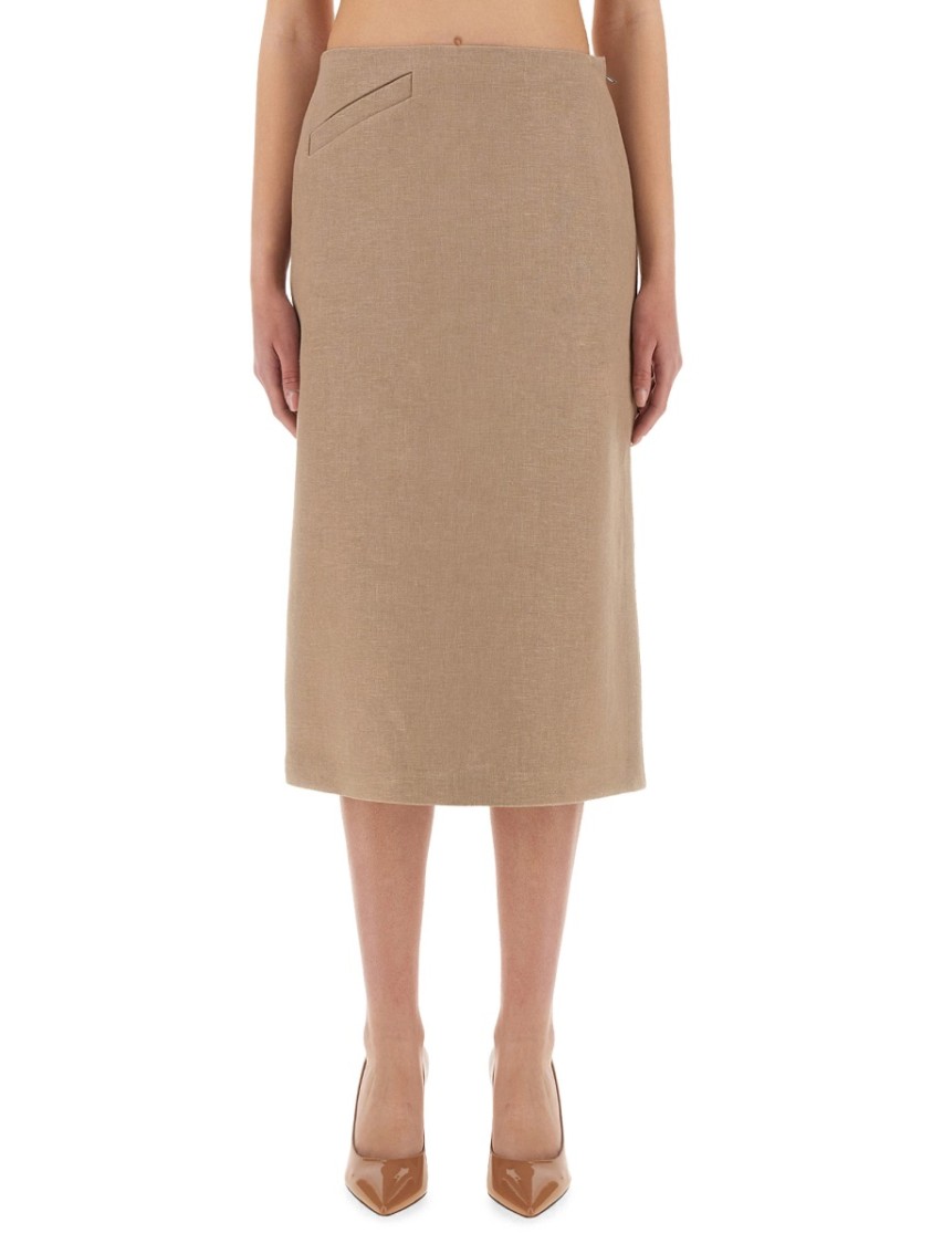 Fendi Women Beige Pencil Skirt With Rear Logo Lettering Embroidery And Side Slit In Linen Woman