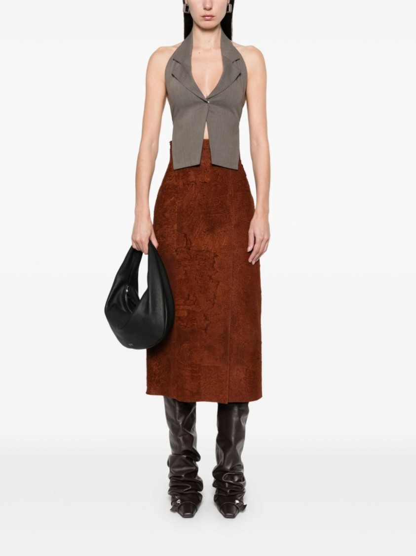 Alexander Mcqueen Womens Brown Brushed-suede Split Leather Midi Skirt In Brown