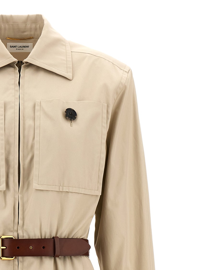 Saint Laurent Utility Dress With Belted Waist And Pockets In Neutral