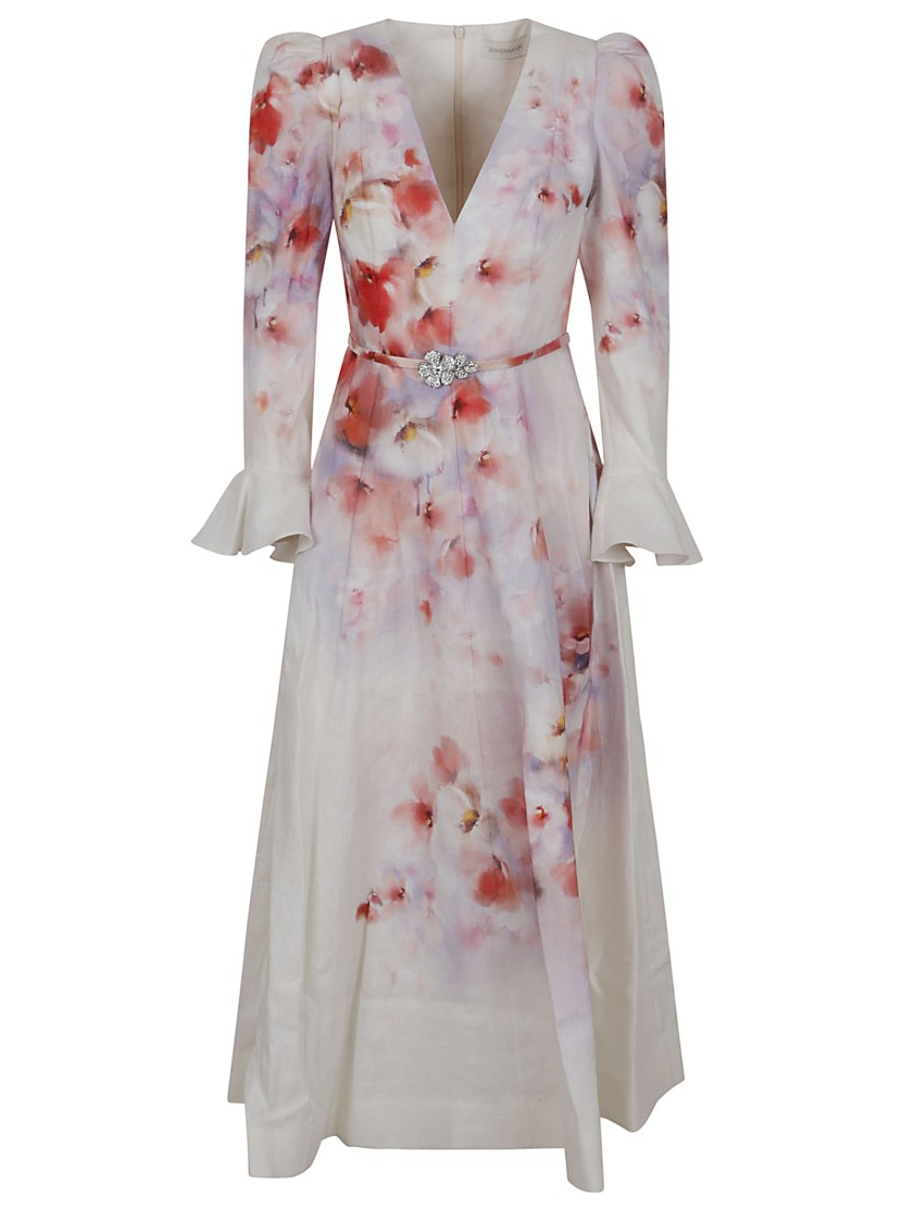 Shop Zimmermann Crush Frill Sleeved Midi Dress In Pink