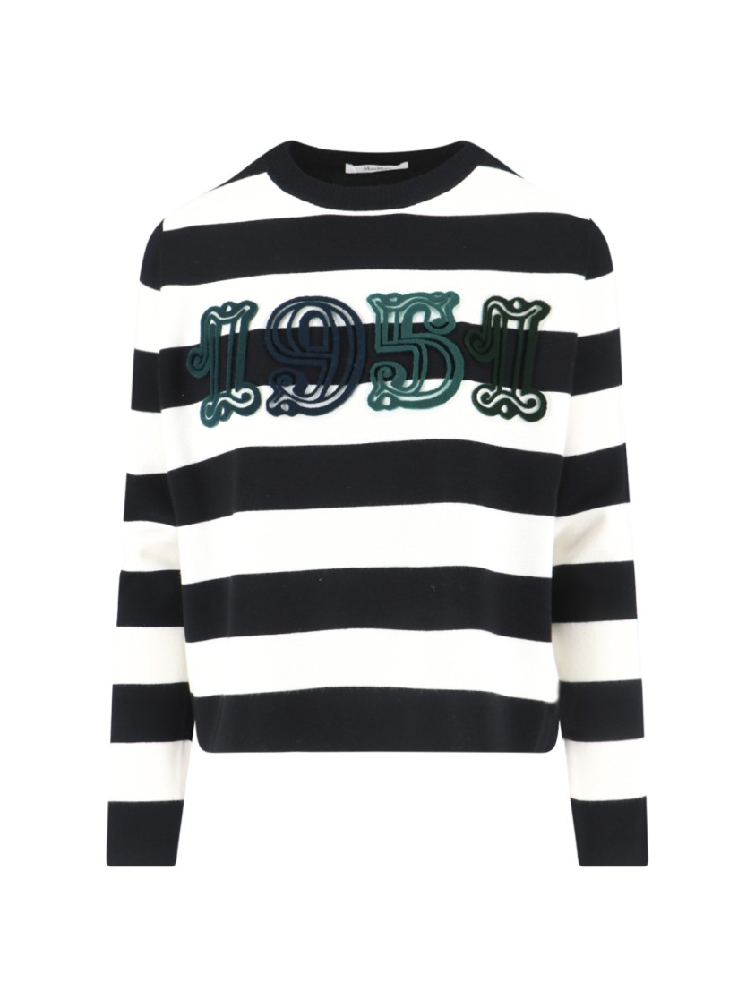 Max Mara Striped Cream Wool Sweater With Embroidered Logo Detail In Multi