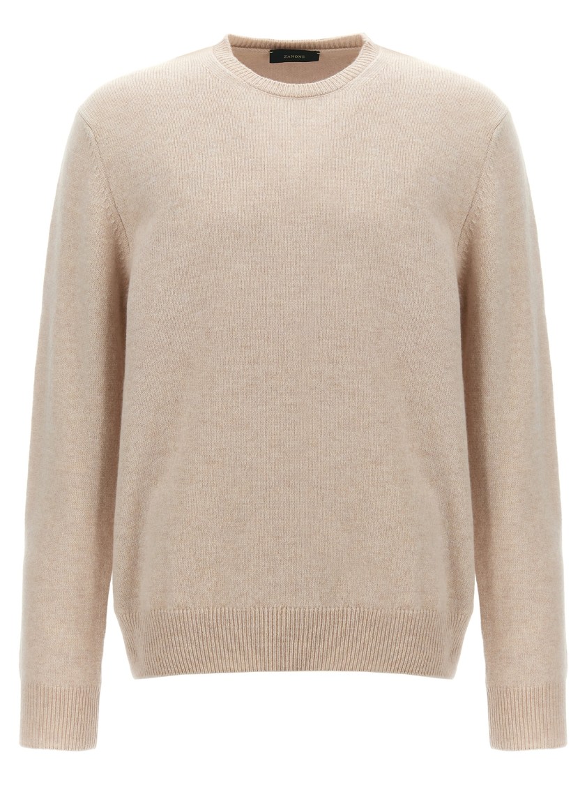 Zanone Ribbed Wool Crewneck Sweater With Cuffed Sleeves In Neutral