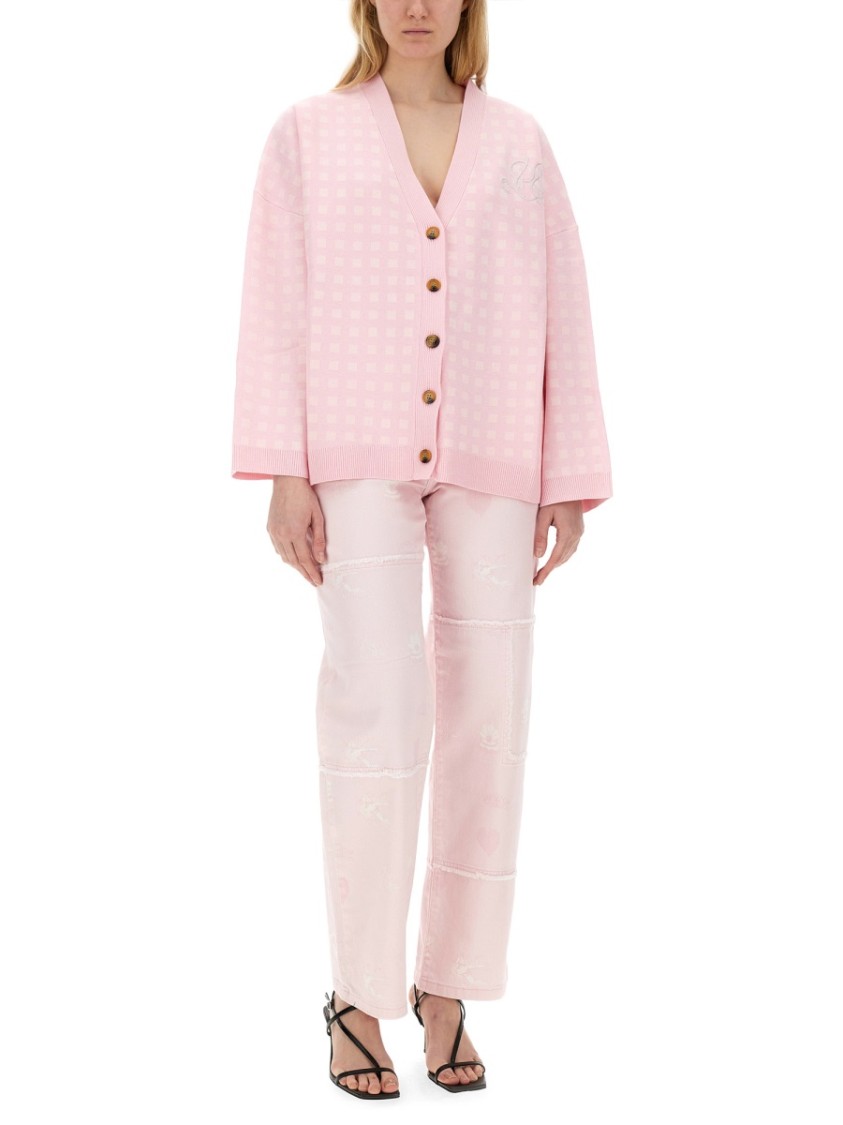 Baum Und Pferdgarten Gingham-check Logo-embroidered Cardigan In Pink