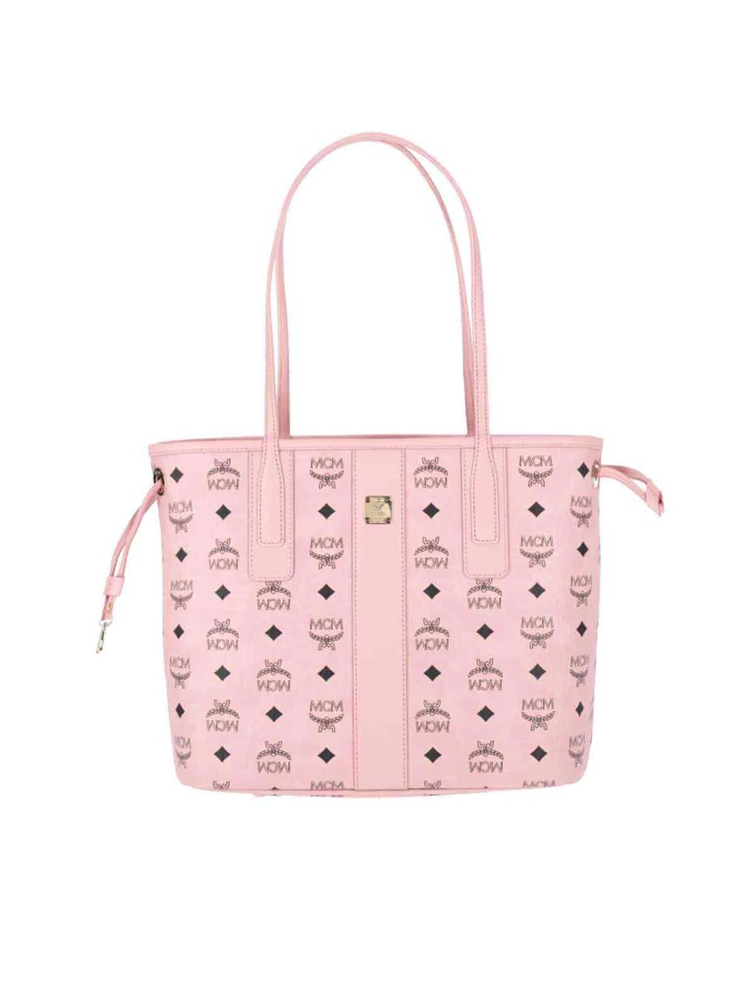 Mcm Small Pink Visetos Tote Bag With Logo Print In Pink