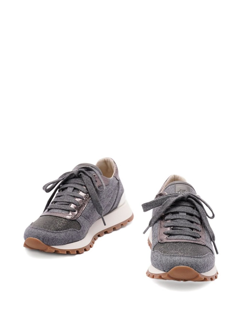 Brunello Cucinelli Textured Fabric Flats With Metallic Accents In Gray