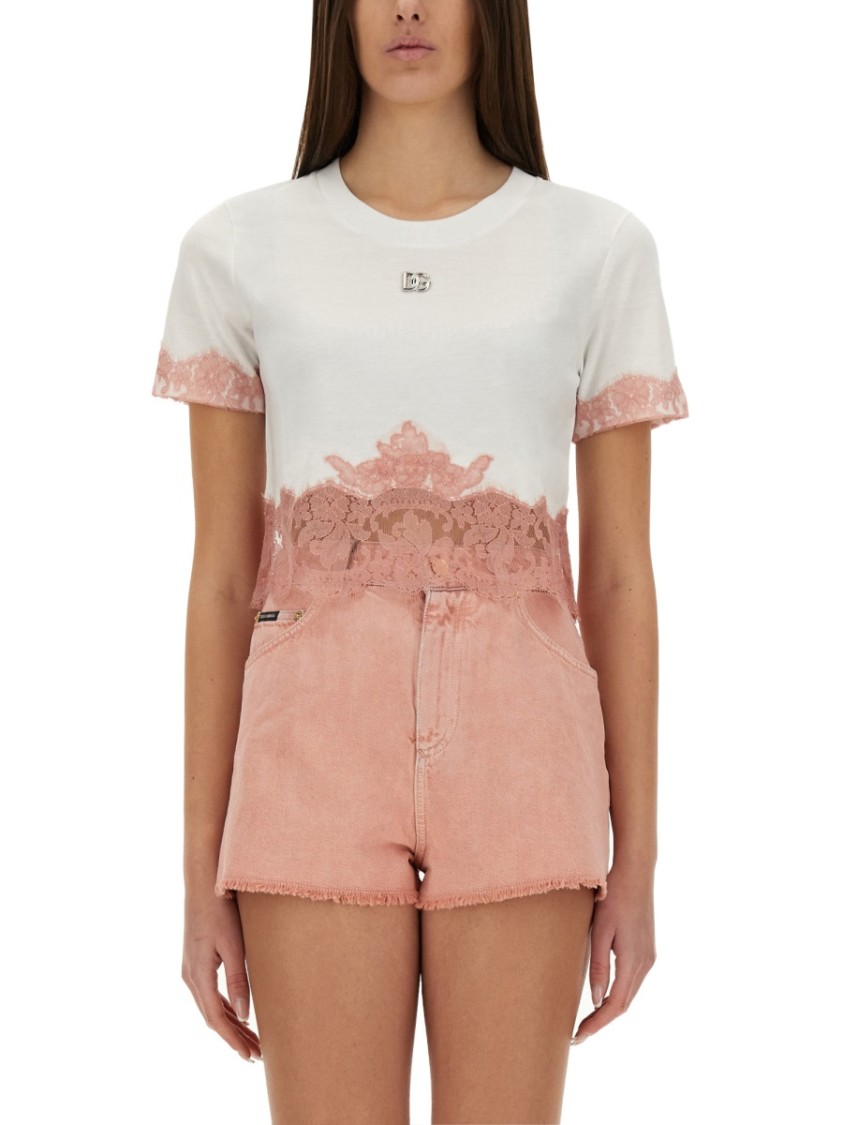Dolce & Gabbana Cropped Jersey T-shirt With Dg Logo And Lace Inserts In White