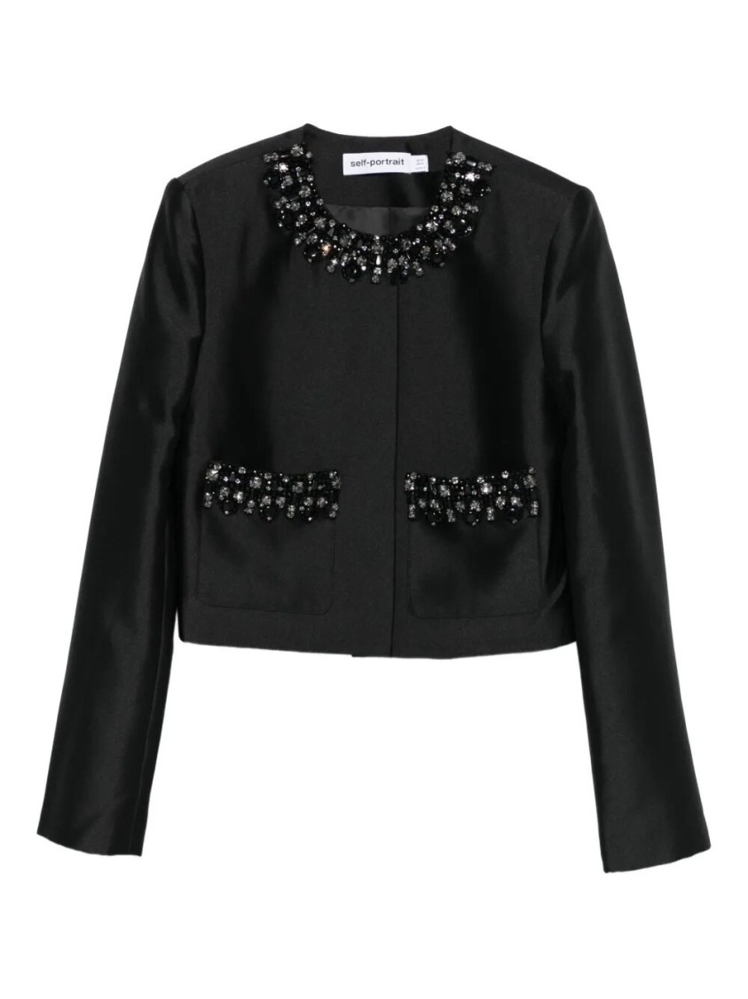 Self-portrait Taffeta Embellished Trim Jacket In Black
