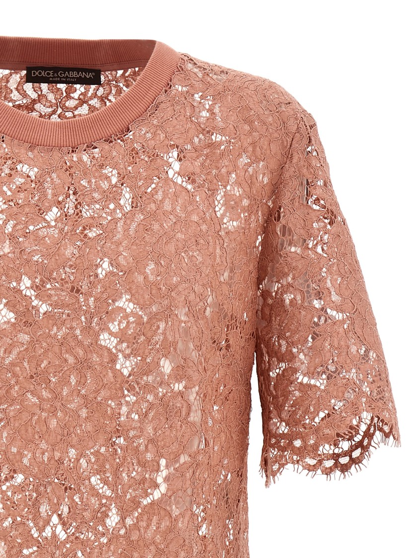 Dolce & Gabbana Intricate Floral Lace T-shirt With Scalloped Hem In Pink
