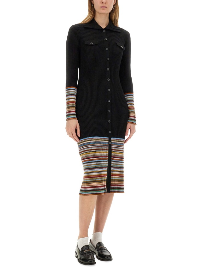 Paul Smith Ribbed Knit Dress With Button-down Front In Black