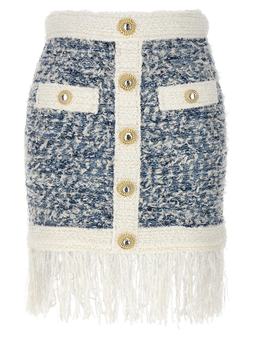 Balmain Frayed Button-embellished Tweed Mini Skirt In Neutral