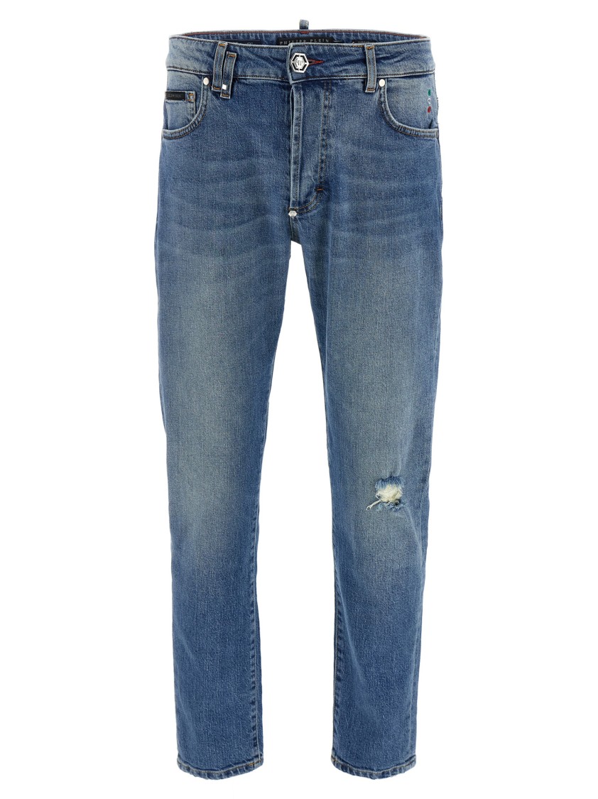 Philipp Plein Distressed Denim Trousers With Pockets And Loops In Blue