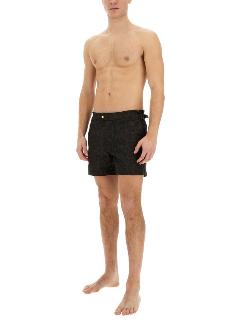 Tom Ford Leopard Print Tailored Swimsuit With Buckle Detail In Brown