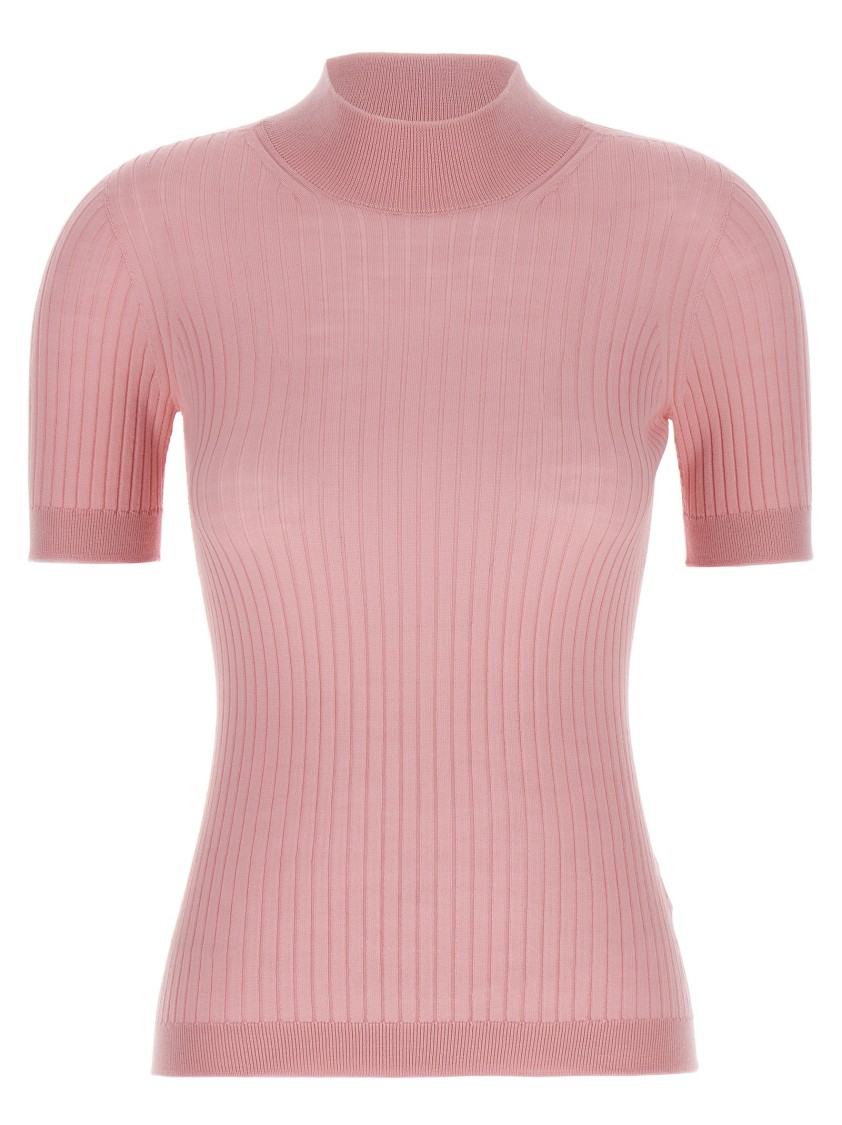 Versace Fitted Ribbed Wool Sweater With High Neck In Pink