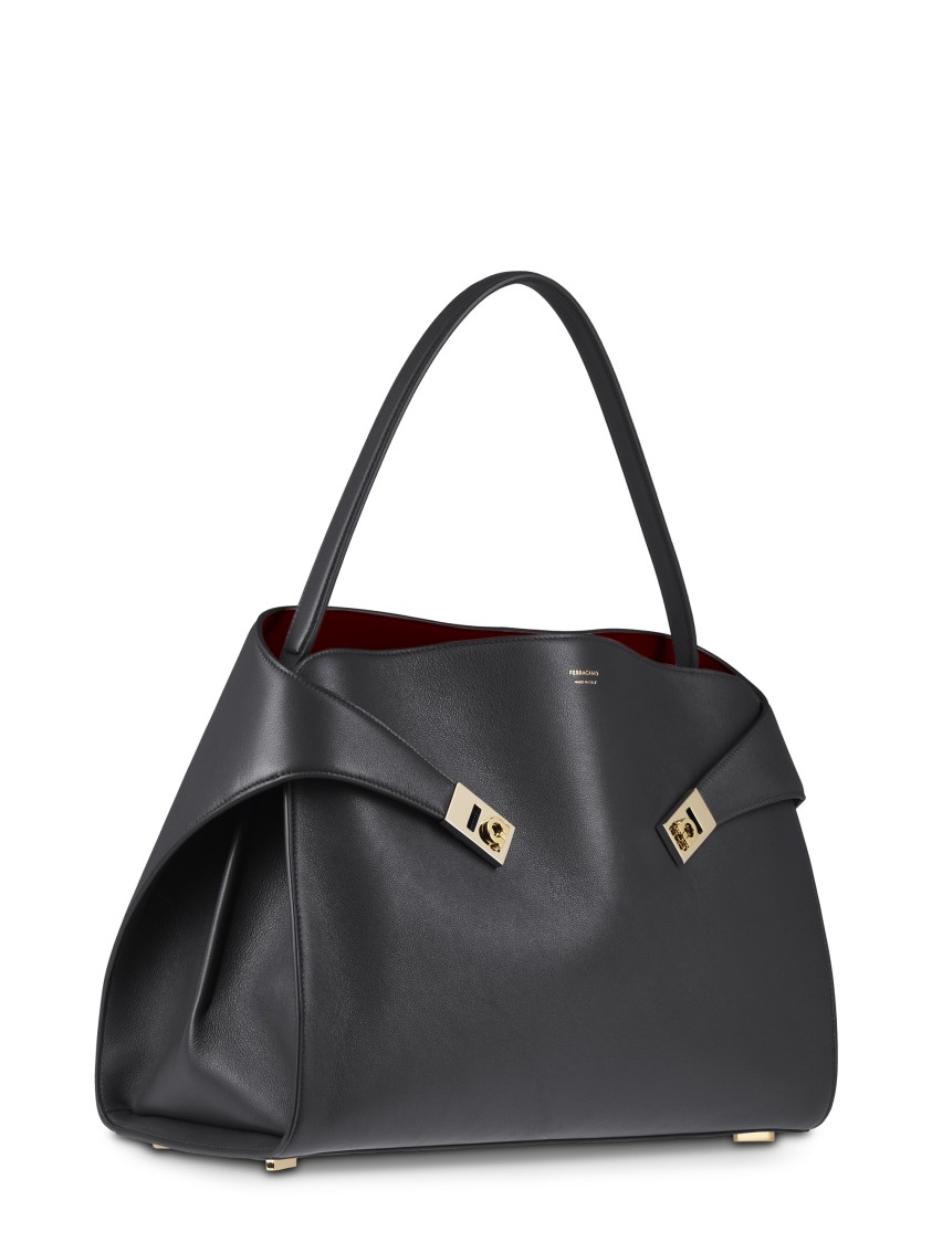 Ferragamo Structured Handbag With Fold-over Design And Gold-tone Hardware In Gray