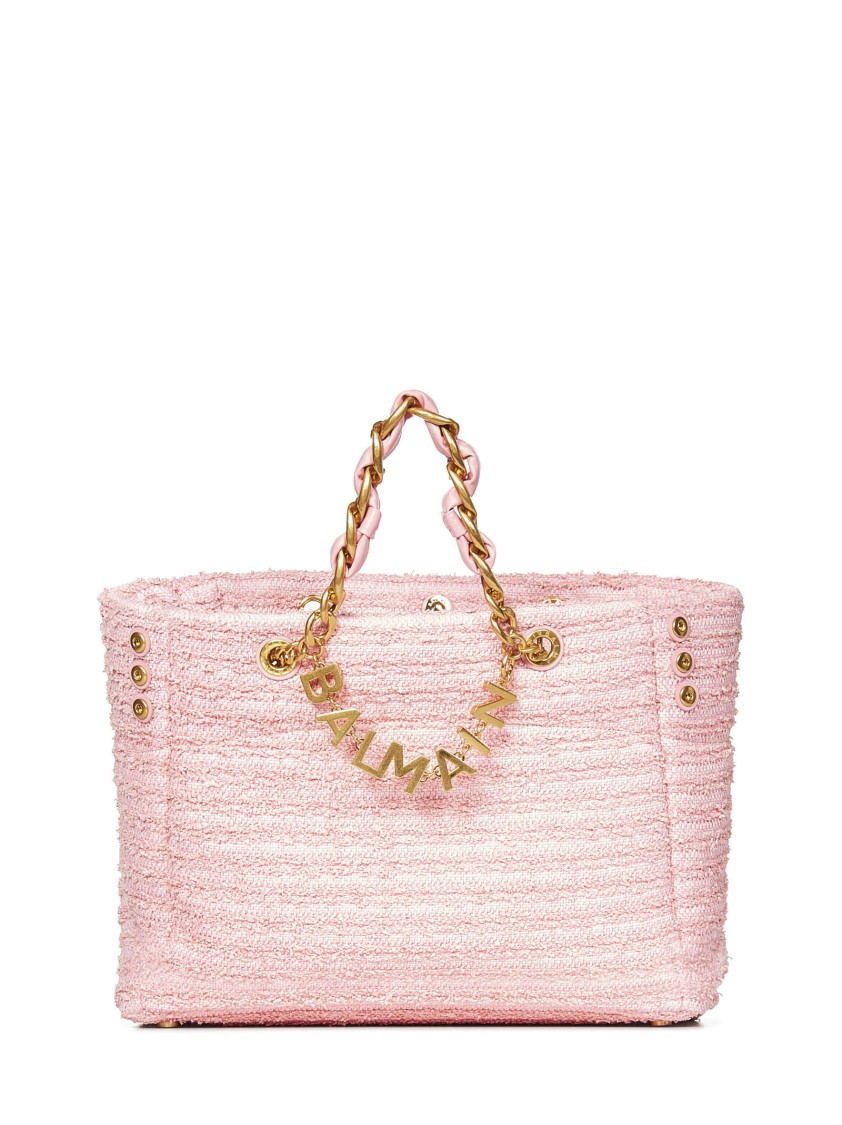 Balmain Soft Pink Tweed-effect Raffia Shopper Bag In Neutral