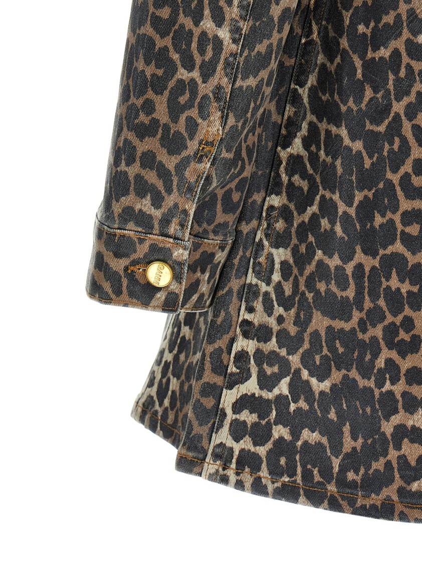 Ganni Leopard Print Cotton Denim Mini Dress In Brown